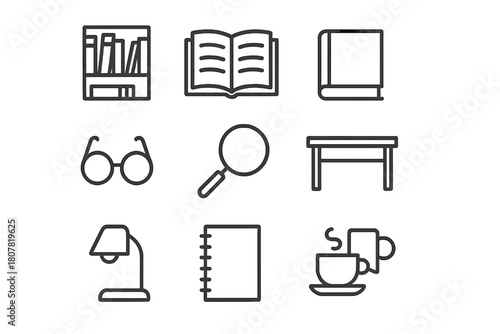 Library Icon Set. Library. Line icon set of Library: bookshelf, open book, closed book, glasses, magnifying glass, desk, lamp, notebook, coffee cup, bookmark,