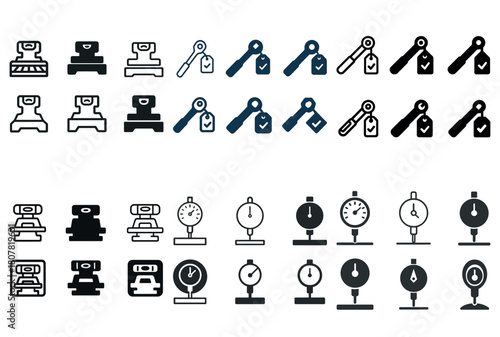 Collection of minimalist icon sets featuring timepieces and machines