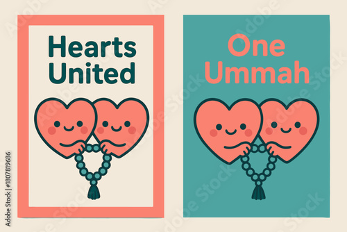 Kawaii Hearts Banners. Unity of Hearts. Two vertical A6 banners with safe margins, centered composition, no elements touching edges, kawaii, coral and teal,