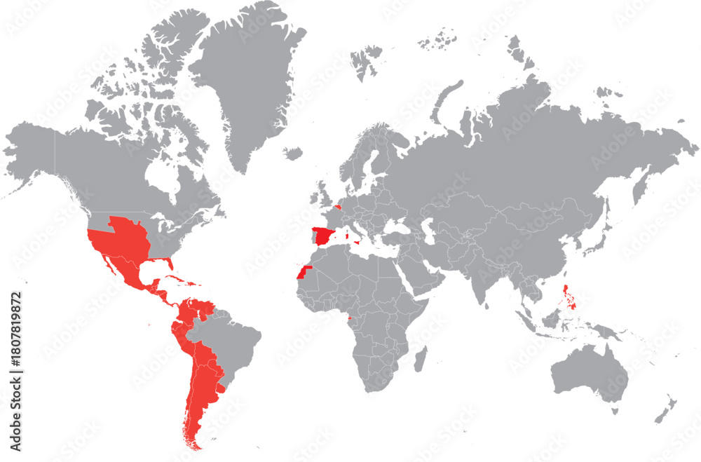 Obraz premium The Spanish Empire on the World Map, Countries Colonized by Spain Editable Vector Map