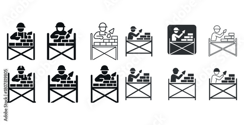 Diverse bricklayer icon set with construction worker symbols and tools