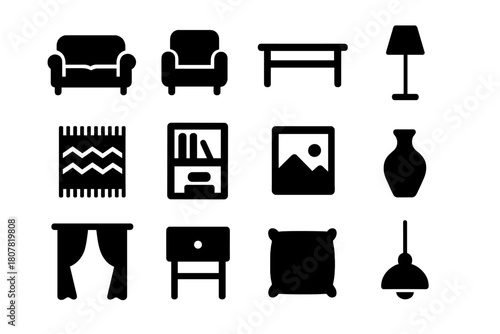 Monochrome Living Room Icons. Black & White Decor. Solid icon set of Black & White Decor: sofa, armchair, coffee table, floor lamp, rug, bookshelf, wall art,