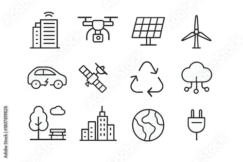 Future City Icons. Future City Vision. Line icon set of Future City Vision: smart building, drone, solar panel, electric car, satellite, wind turbine, park,