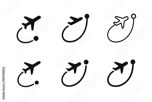 Private Aviation Icons. Private aviation lifestyle. Icon set. Set Logo of private aviation lifestyle: flight route line. harmonious logo variations of the same