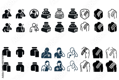 Cough and medicine icons set: coughing, medicine bottles, shoulder pain