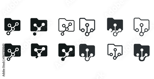 Set of twelve git repository icons in black and white