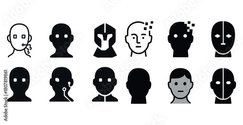 Graphic icons of abstract human faces with geometric designs