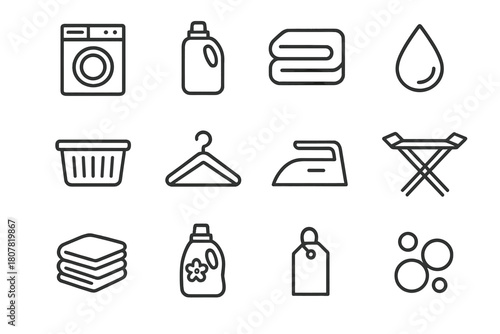 Laundry Care Icons. Laundry care. Line icon set of laundry care: washing machine, detergent bottle, towel, water droplet, laundry basket, hanger, iron, drying