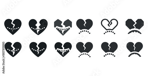 Black and white broken heart icons with facial expressions