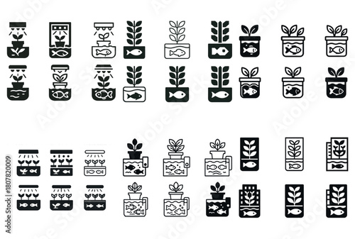 Aquaponics icons: sustainable fish and plant symbiosis in minimalist design