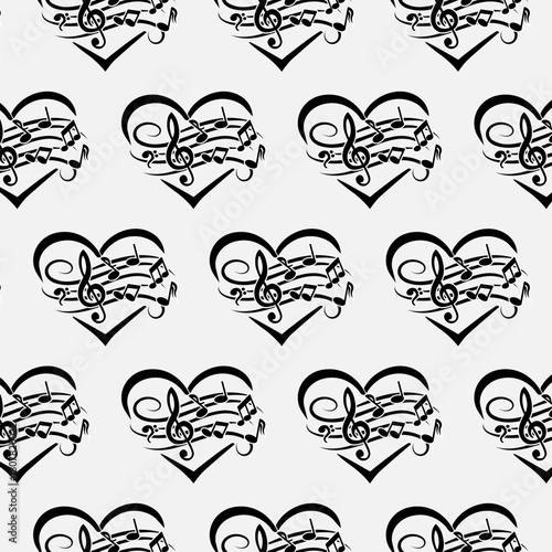 Musical notations inside a stylized heart.Vector seamless pattern with music symbols inside hearts on white background.