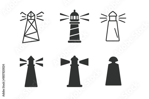Lighthouse Logo Variations. Bright light in dark. Icon set. Set Logo of bright light in dark: lighthouse beacon. harmonious logo variations of the same