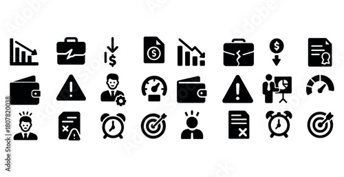 Business crisis and finance icons: decline, risk, strategy, deadlines, alerts
