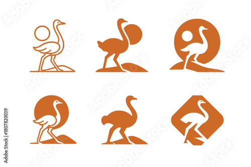 Ostrich Logo Variations. Ostriches. Icon set. Set Logo of ostriches: stylized ostrich silhouette with desert sun. harmonious logo variations of the same