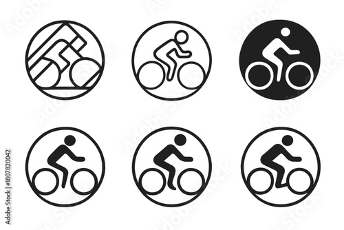 Bicycle Logo Variations. Person on bicycle. Icon set. Set Logo of person on bicycle: silhouette of cyclist in motion within circular frame. harmonious logo