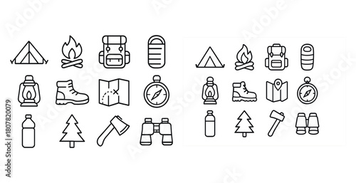 Line art camping icons: tent, campfire, backpack, sleeping bag