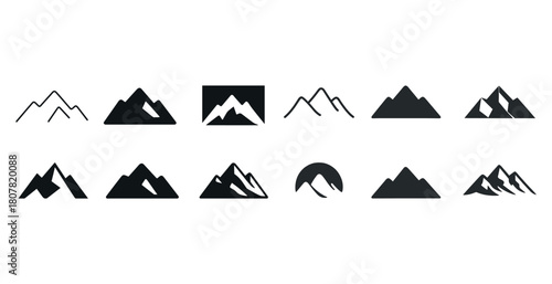 Set of various mountain icons in black and white designs