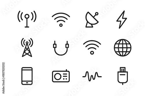Wallpaper Mural Signal Transmission Icons. Signal Transmission. Line icon set of Signal Transmission: antenna, wave lines, satellite dish, lightning bolt, tower, cable, wifi, Torontodigital.ca