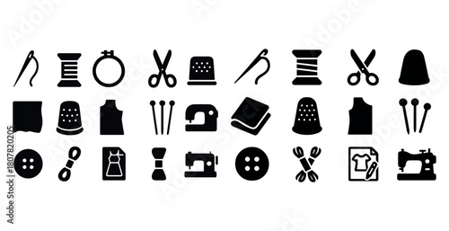 Sewing icons: needles, scissors, thimbles, spools, and sewing machines for crafting