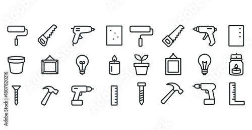 Diy tool icons: brushes, saws, drills, bulbs, and more