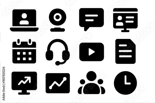 Online Coaching Icons. Online coaching. Solid icon set of Online coaching: laptop, webcam, chat bubble, presentation slide, calendar, headset, video icon,