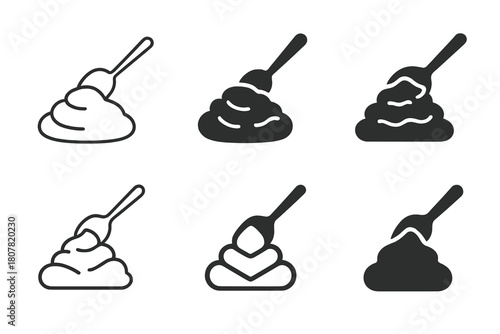 Mashed Potato Logos. Mashed potato mound. Icon set. Set Logo of mashed potato mound: serving spoon scooping mashed potatoes. harmonious logo variations of the