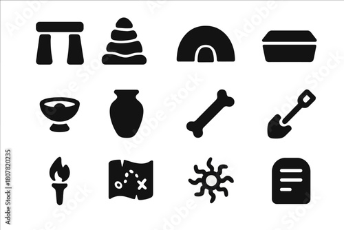 Ancient Burial Icons. Ancient Burial Site. Solid icon set of Ancient Burial Site: stone circle, cairn, burial mound, sarcophagus, offering bowl, clay pot,