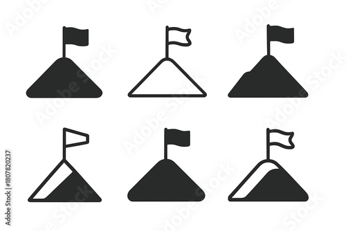 Abstract Hill Logos. Hill. Icon set. Set Logo of Hilltop Flag: Marker on peak. Flat solid, Iconic shape, Minimal outline, Filled silhouette, Abstract