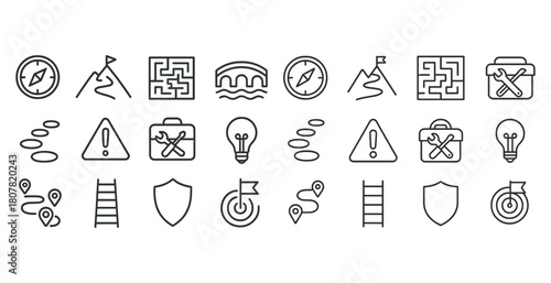 Adventure and navigation icons: compasses, maps, tools, and more