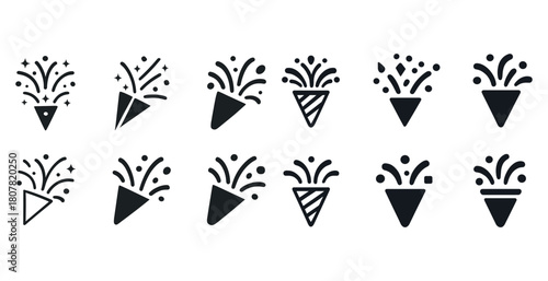 Set of black celebration icons featuring various confetti designs