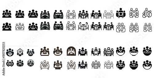 Diverse table meeting icons collection: people and pets