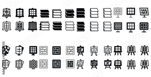 Icon set: easel and grid design variations in black and white