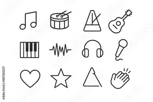 Music Icon Set. Music lovers. Line icon set of music lovers: headphones, heart, music note, vinyl record, speaker, smartphone, microphone, guitar, piano keys,