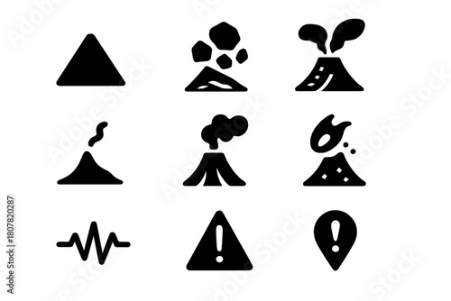 Volcanic Icon Set. Volcanic Cinder Cone. Solid icon set of Volcanic Cinder Cone: cone profile, crater, lava rock, ash layer, vent, fumarole, lava bomb, tephra