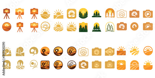 Photography and nature icon set with sunrise, camera, tree designs in warm colors