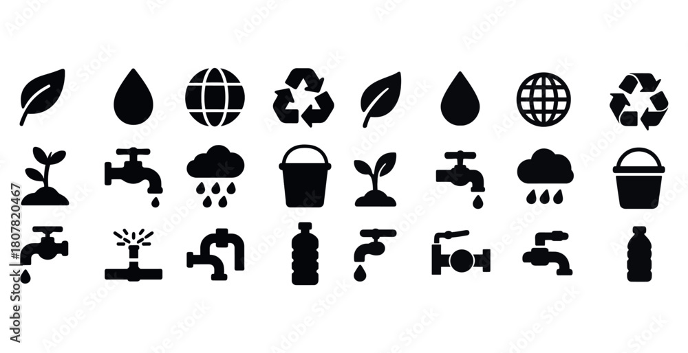 Fototapeta premium Eco and water conservation icons: recycling, plants, faucets, sustainability symbols