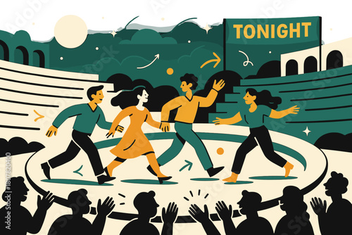 Moonlit Stage Performance. Open-Air Amphitheater Performance. Actors stride across a semicircular stage; moonlight washes the stone tiers as ?Tonight? glows on