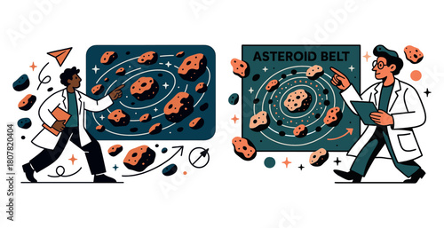 Diverse scientists exploring asteroid belt in classroom: african adult male and caucasian adult male