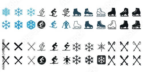 Winter sports and icons: skis, skaters, snowflakes