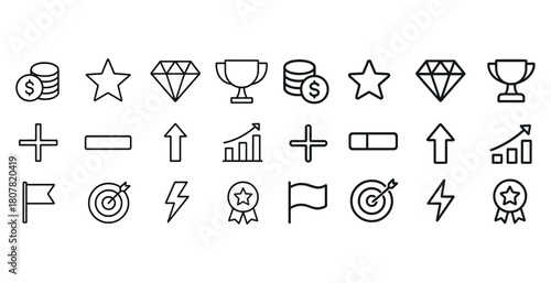 Set of outline icons including money, stars, diamonds, trophies, and graphs
