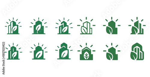 Set of green eco-friendly building icons with leaf and sunburst design