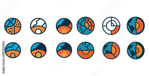 Abstract planetary icons with geometric patterns and bold colors
