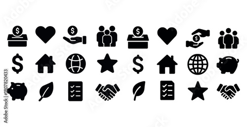 Set of business and finance icons including dollar symbols and handshakes