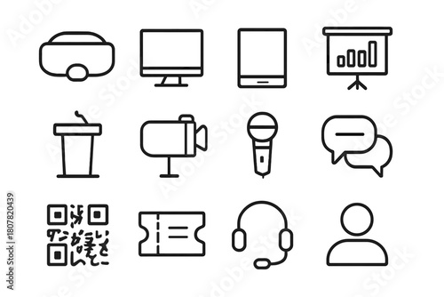 Interactive Booth Icons. Interactive demo booth. Line icon set of Interactive demo booth: VR headset, computer monitor, tablet, presentation slide, podium,