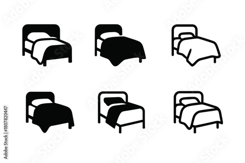 Linen Transformation Icons. Transforming a bedroom with new linens. Icon set. Set Logo of transforming a bedroom with new linens: blanket draped over bed.