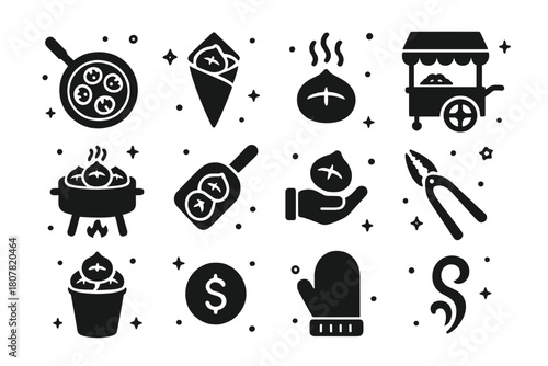 Roasted Chestnuts Icons. Roasted Chestnuts. Solid icons set of Roasted Chestnuts: chestnut pan, chestnut cone bag, steaming chestnut, street cart, charcoal