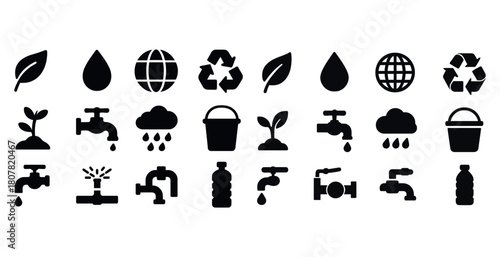 Eco and water conservation icons: recycling, plants, faucets, sustainability symbols