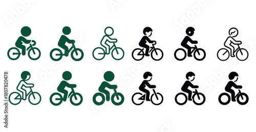 Simple bicycle icons set featuring variety of styles and poses in green and black