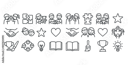 Outline icons of family, puzzle, stars, and creative symbols