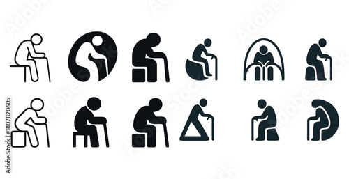 Icons of elderly individuals sitting with canes in various poses